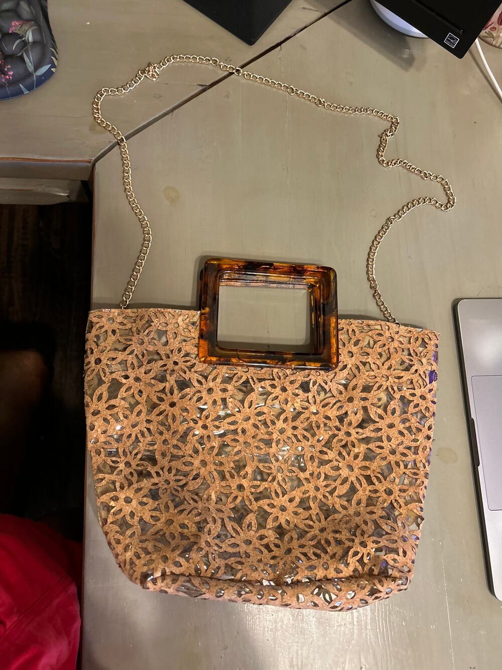 Plastic & Cork Faux Tortoise Shell Handle Bag with Chain